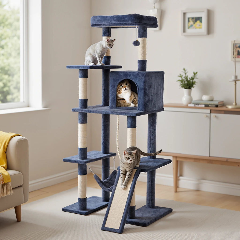 63In Tall Multi-Cat Climbing Tower for Pet Furniture Natural Sisal Scratching Posts Stable Pet House for Indoor Cat