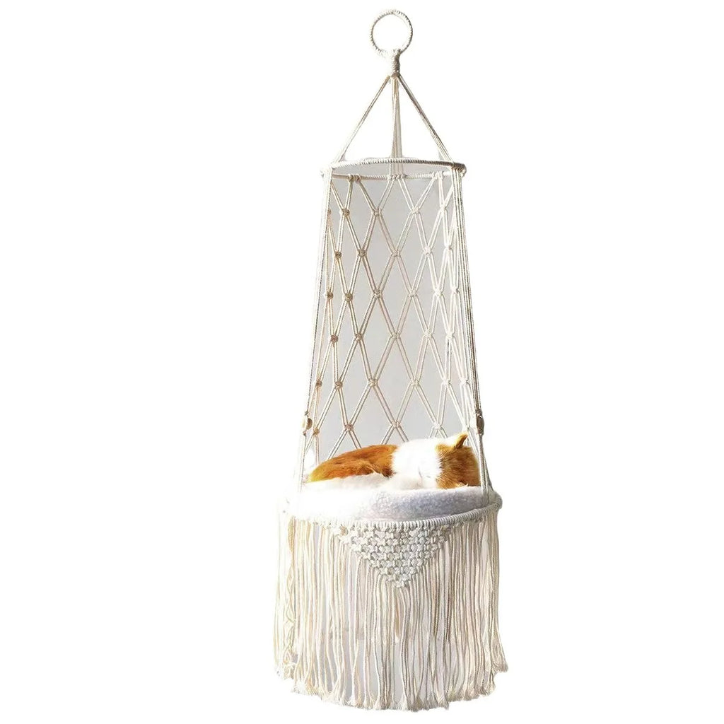 Hanging Hand‑woven Hammock Swing Cat Bed Boho  Pet Swing Nest Tassel Cat Sleeping Bed for Indoor Wall Ceiling Mount