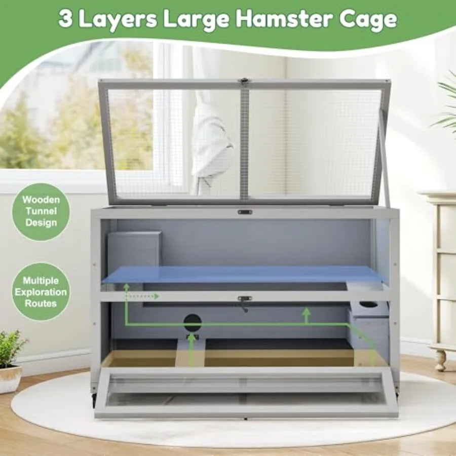 3 Tier Wooden Hamster Cage 35.4'' with Removable Ramps and Tray Small Animals Hutch with Wheels and 2 Openable Doors Critter Nat