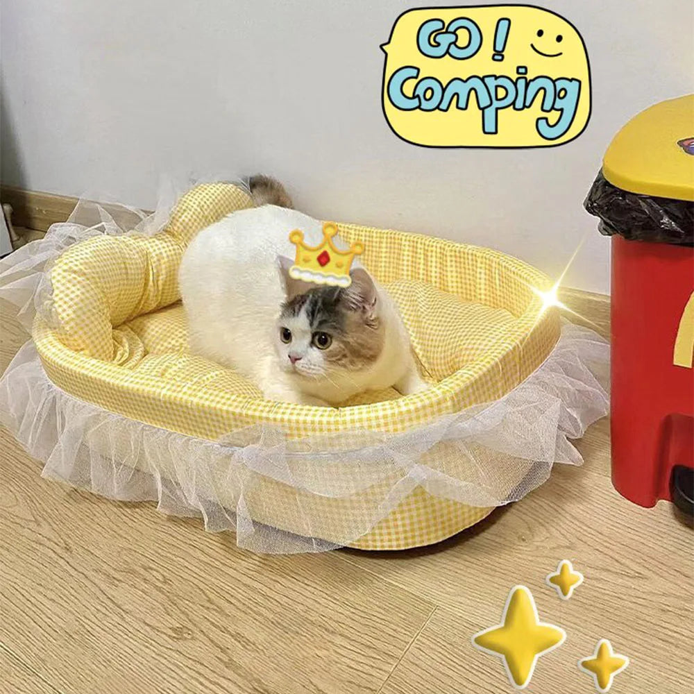 Cute Lace-Trimmed Pet Princess Sofa Bed  Washable and Removable Soft Plush Oval for Small Dogs/Cats