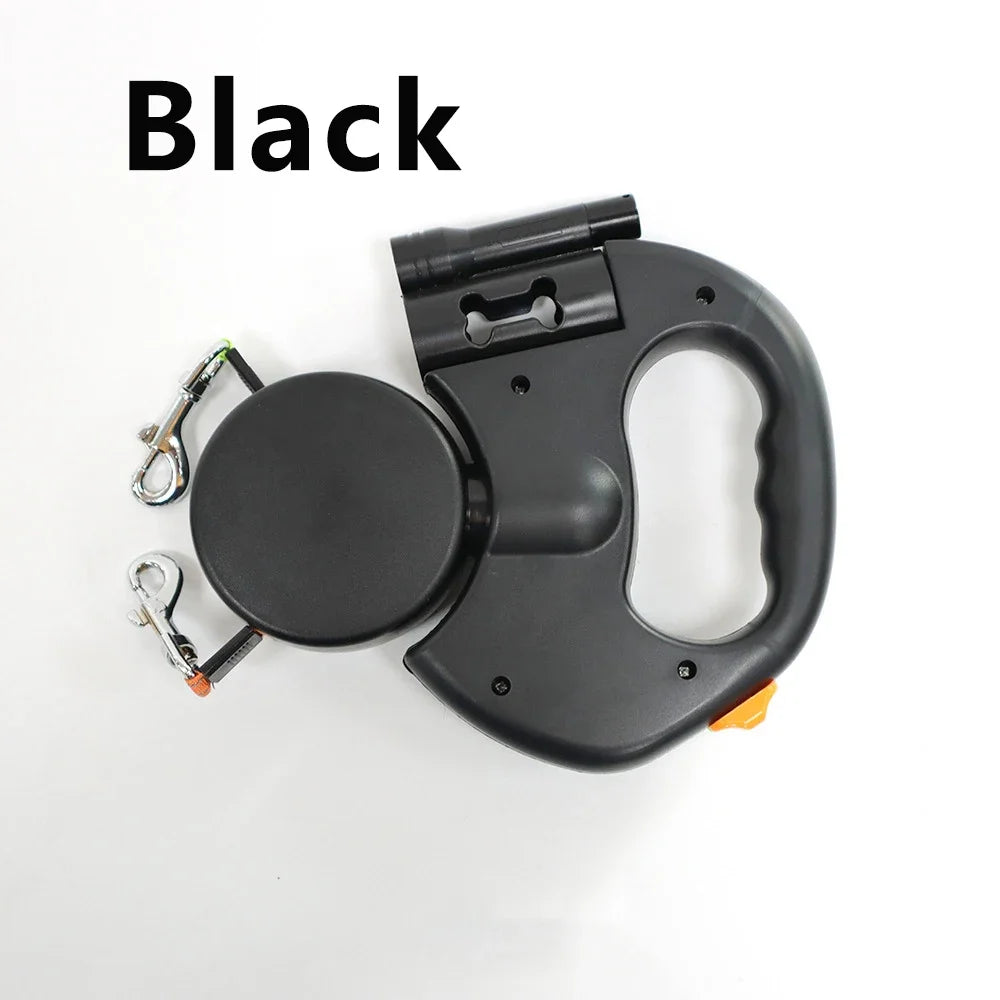 Auto Retractable Double-Ended Dog Leash 3m with LED Flashlight Waste Bag 360 Degree Dual Traction Rope