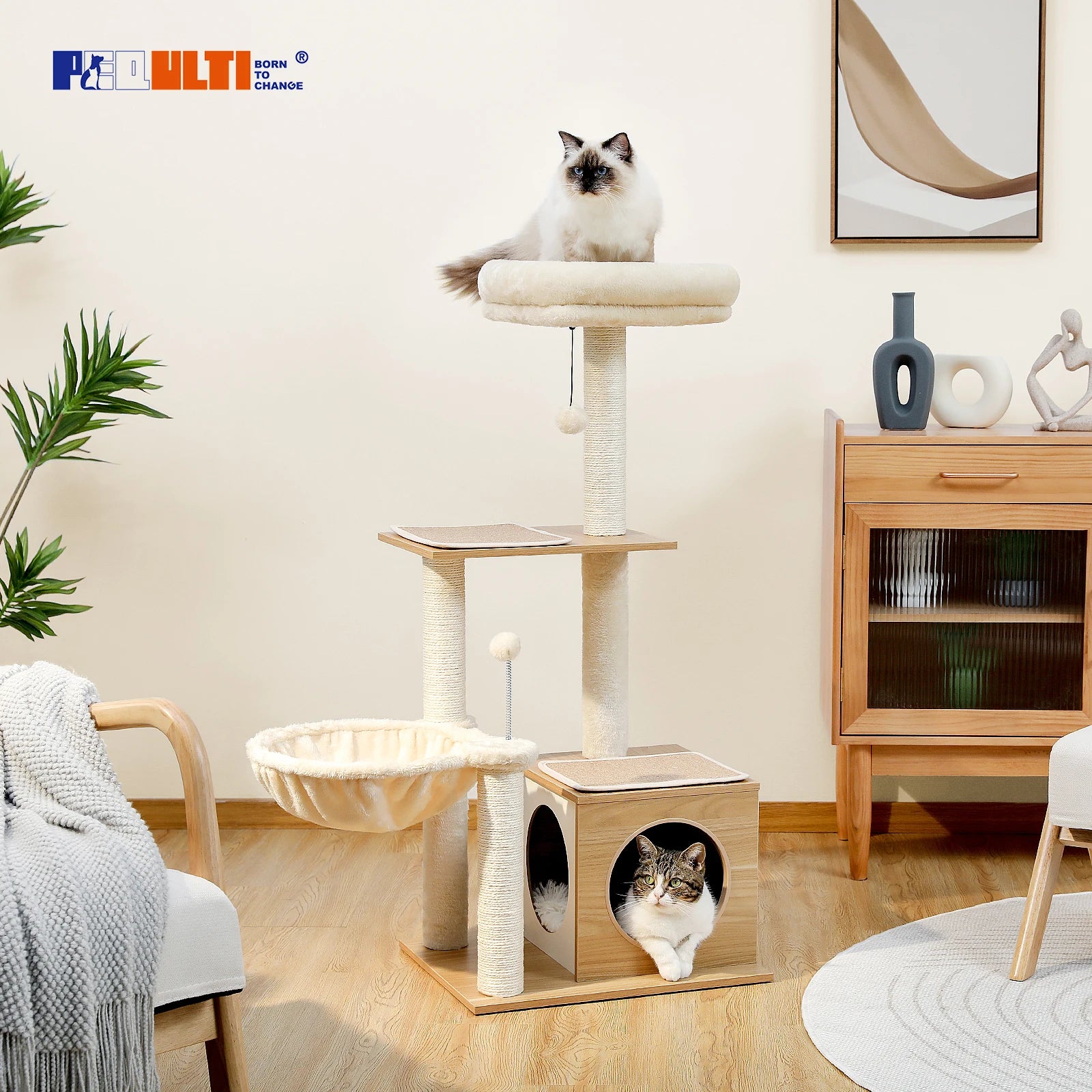 Multi-Level Wood Cat Tower with Hammock, Sisal Scratching Posts