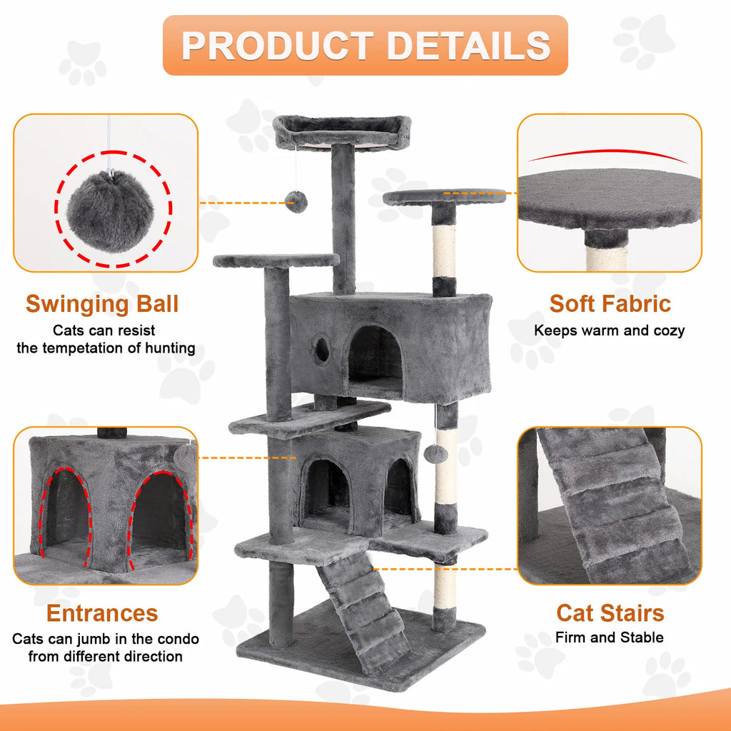 Cat Tree 54/70 Inch Tower with Sisal-Covered Scratching Posts, Dangling Ball