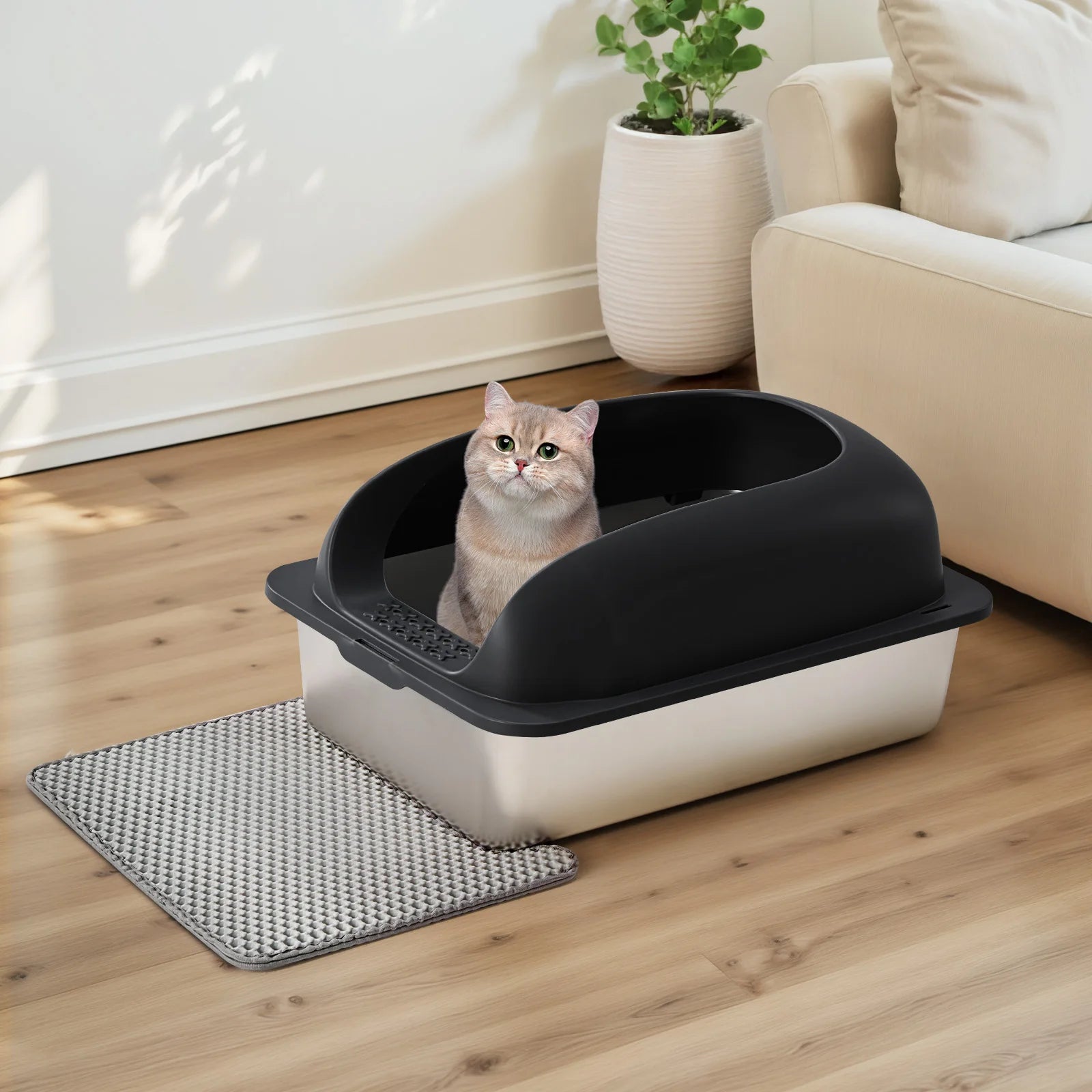 24IN Stainless Steel Cat Litter Box with Lid, Anti-Urine Leakage Scoop and Mat Included