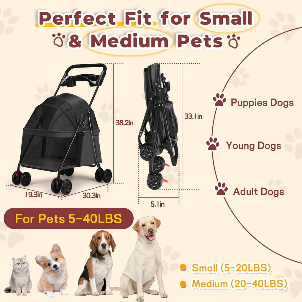 Foldable Pet Stroller Cat Small Dog Cart, Lightweight Folding Pet Stroller
