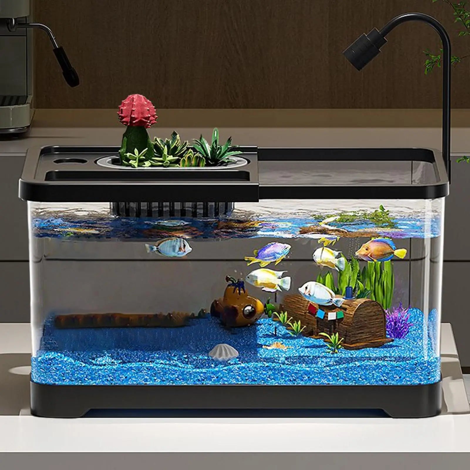 Small Aquarium Kit LED Fish Tank With Decoration Accessories Dust-proof Underwater Landscape Decoration for Desktop Living