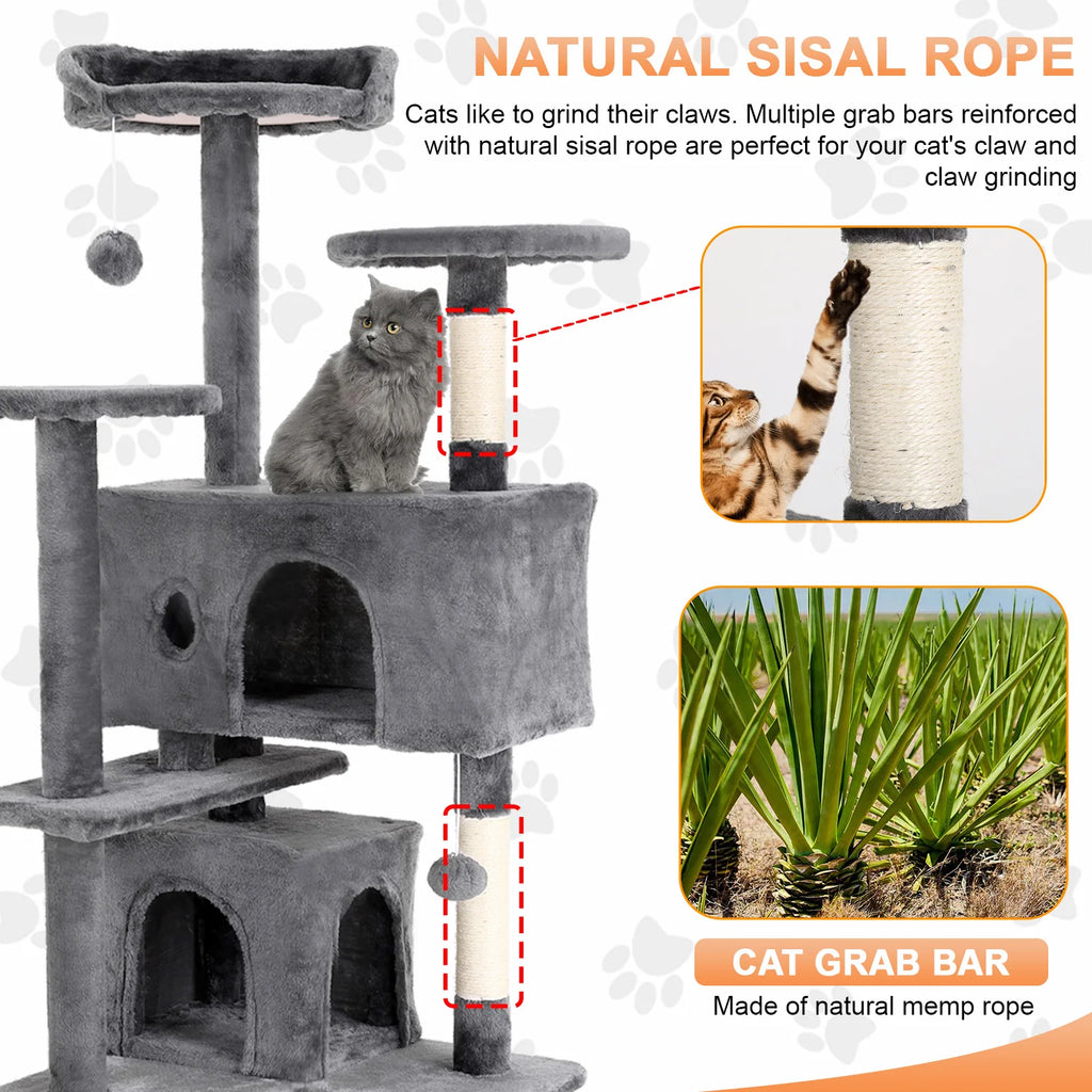 Cat Tree 54/70 Inch Tower with Sisal-Covered Scratching Posts, Dangling Ball