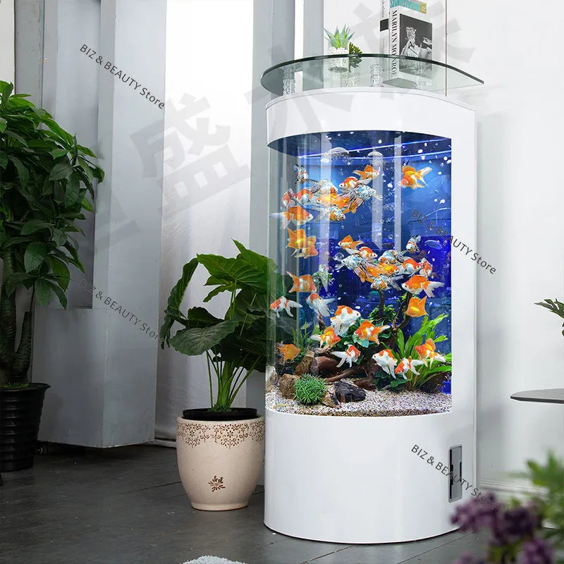 Large Semi-Circular Self-Cleaning Floor-Standing Fish Tank with Bottom Filter