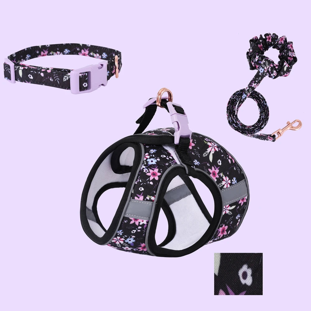 Breathable Reflective Pet Harness Leash Set with Adjustable Floral Chest Strap