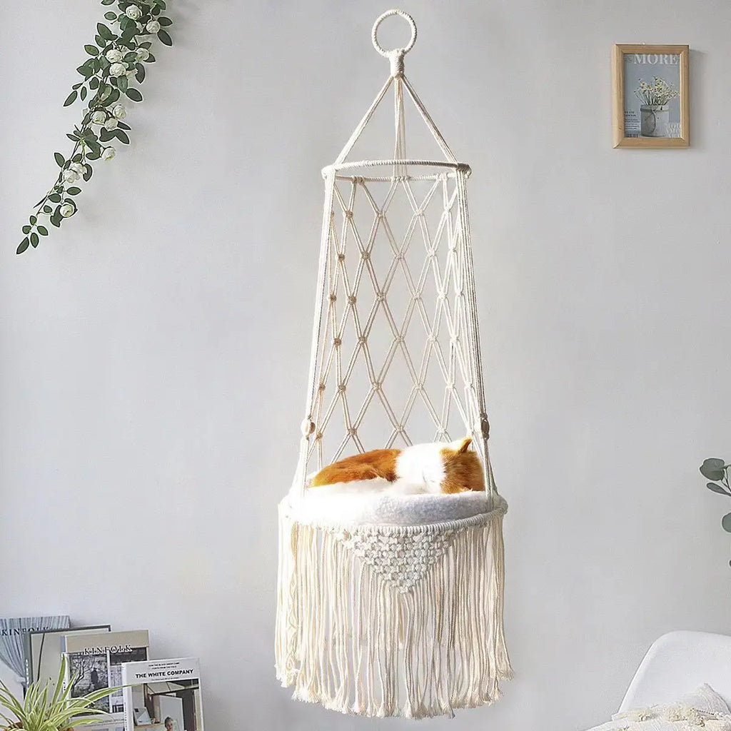 Hanging Hand‑woven Hammock Swing Cat Bed Boho  Pet Swing Nest Tassel Cat Sleeping Bed for Indoor Wall Ceiling Mount