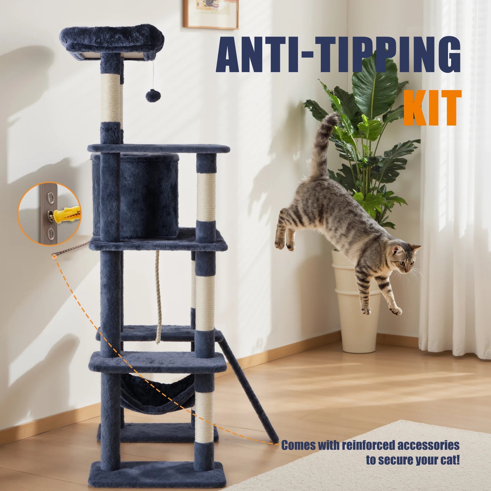 63In Tall Multi-Cat Climbing Tower for Pet Furniture Natural Sisal Scratching Posts Stable Pet House for Indoor Cat
