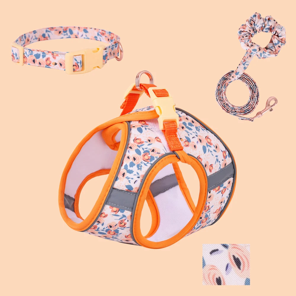 Breathable Reflective Pet Harness Leash Set with Adjustable Floral Chest Strap