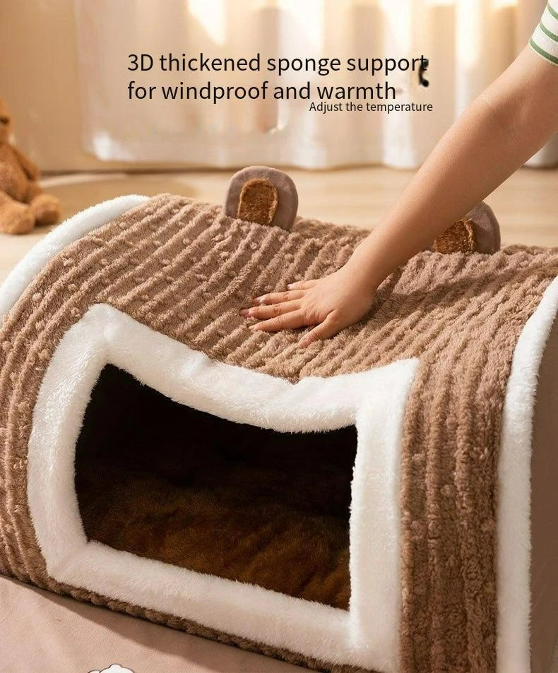 Bear-Shaped Plush Pet Bed with Non-Slip Bottom