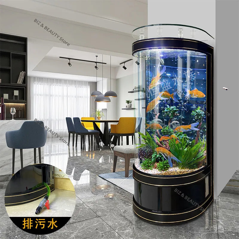 Large Semi-Circular Self-Cleaning Floor-Standing Fish Tank with Bottom Filter