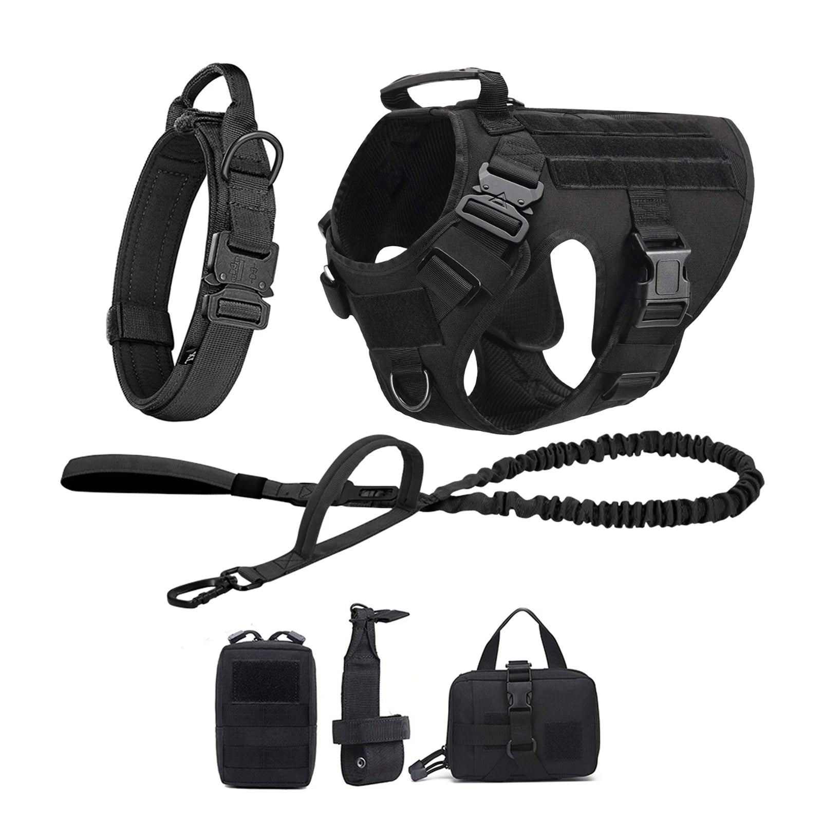 Tactical Dog Harness, Collar, Leash, Molle Pouches