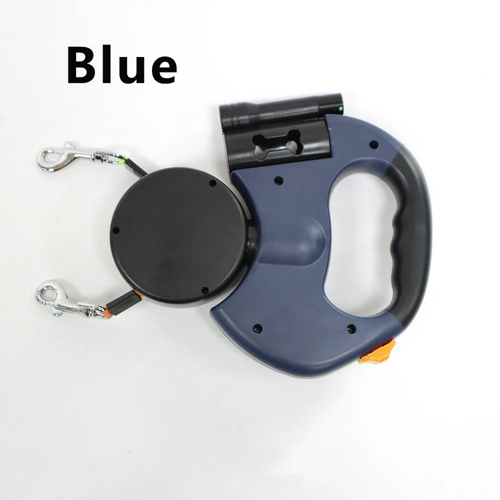 Auto Retractable Double-Ended Dog Leash 3m with LED Flashlight Waste Bag 360 Degree Dual Traction Rope