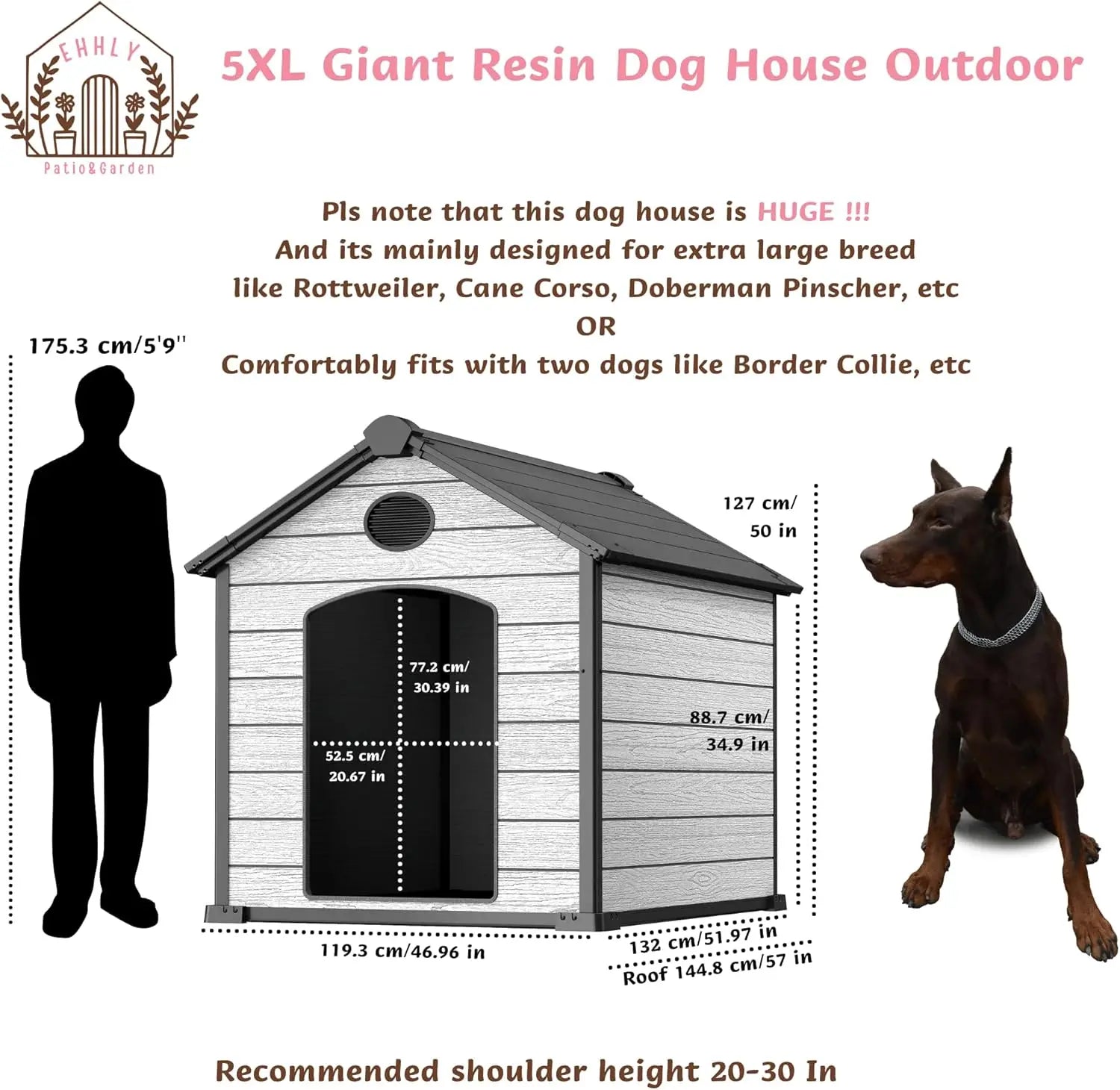 46" Large  Outdoor Weatherproof Dog House for 2 Large Dogs,  with Elevated Floor