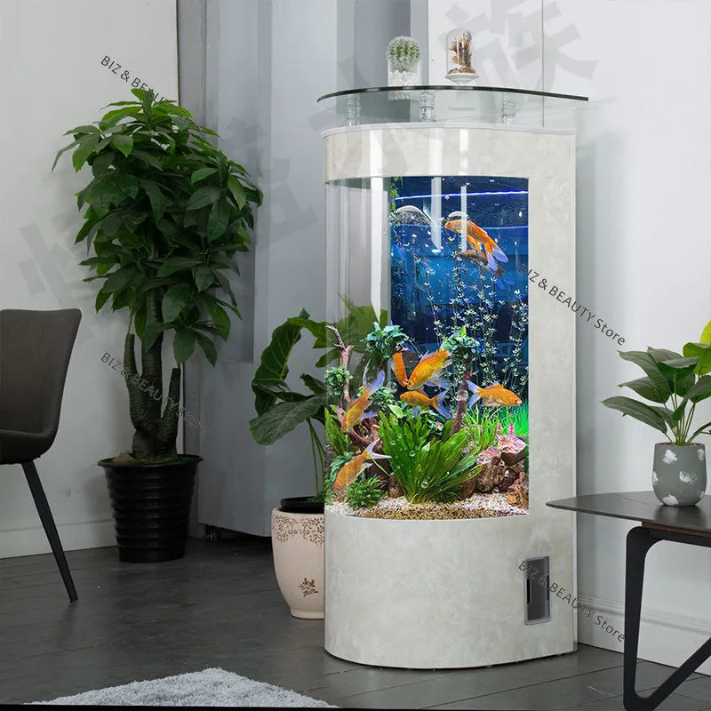 Large Semi-Circular Self-Cleaning Floor-Standing Fish Tank with Bottom Filter