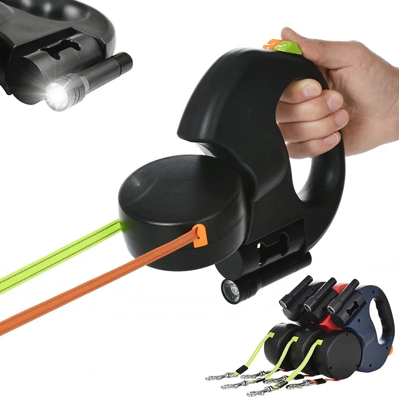 Auto Retractable Double-Ended Dog 3 m Leash with LED Flashlight, Waste Bag, 360 Degree Dual Traction Rope