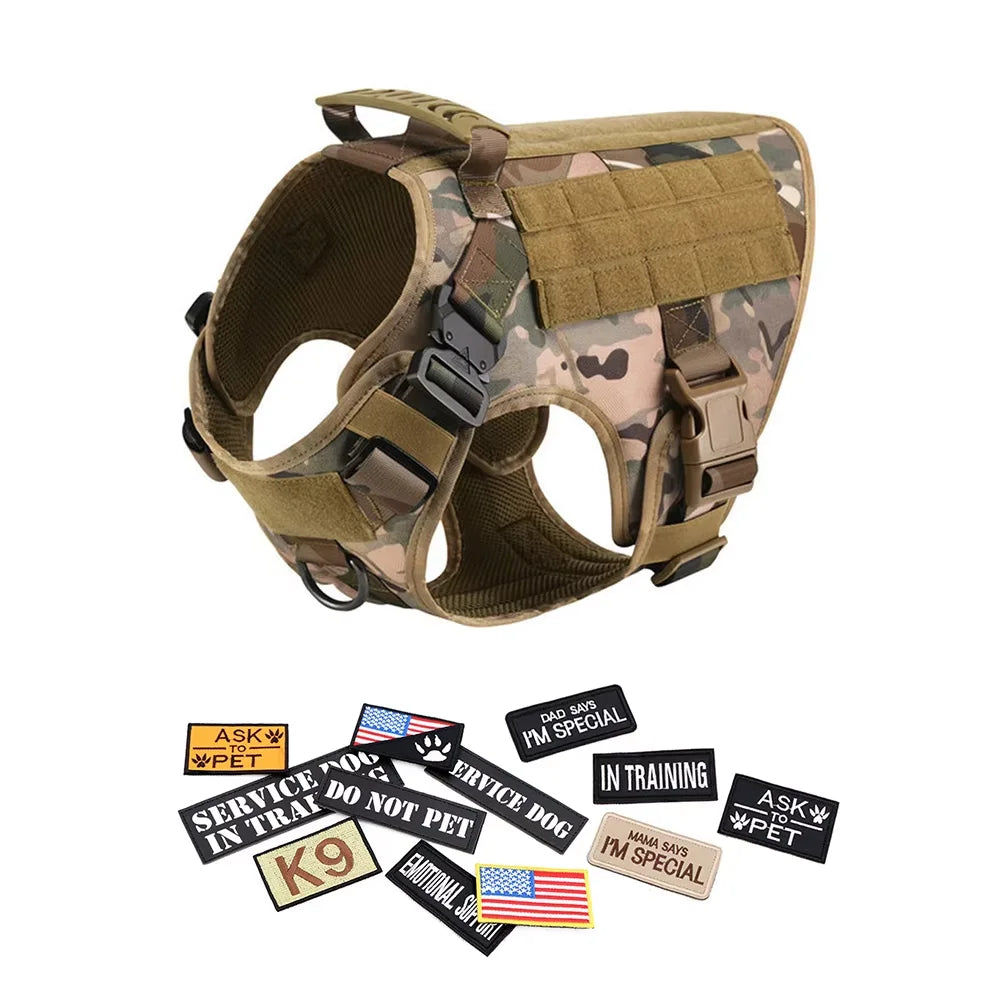 Large M Tactical Military-Like Dog Harness, Collar, Leash, Bags, Patches Set