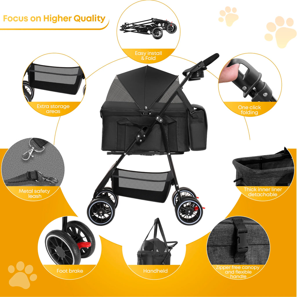 3 in 1 Portable Foldable Pet Stroller for Medium Dogs Cats
