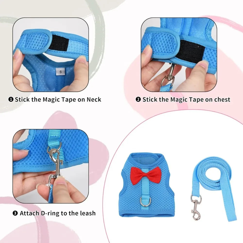 Bunny Harness and Leash Set with Cute Bow, Soft Breathable Mesh