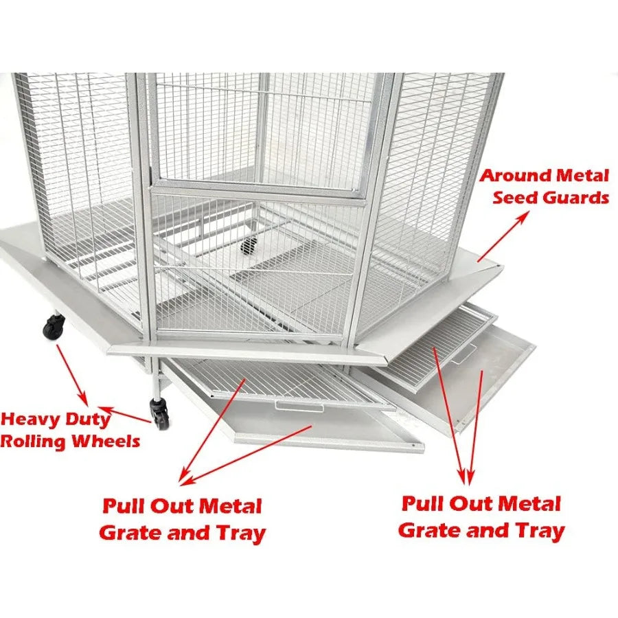 64' Extra Large Corner Wrought Iron Rolling Bird Cage with Side Solid Metal Plate