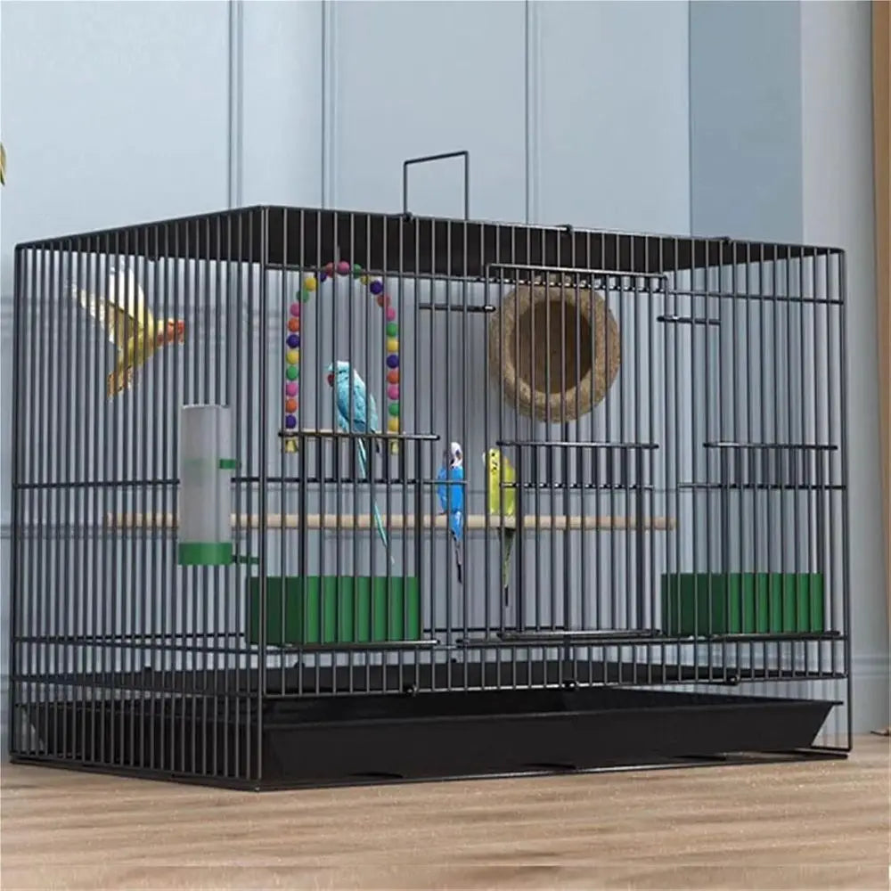 Foldable White Metal Anti-Rust Parrot Cage with Feeder, Tray, and Play Stand (40x30x30cm, 6 Parts)