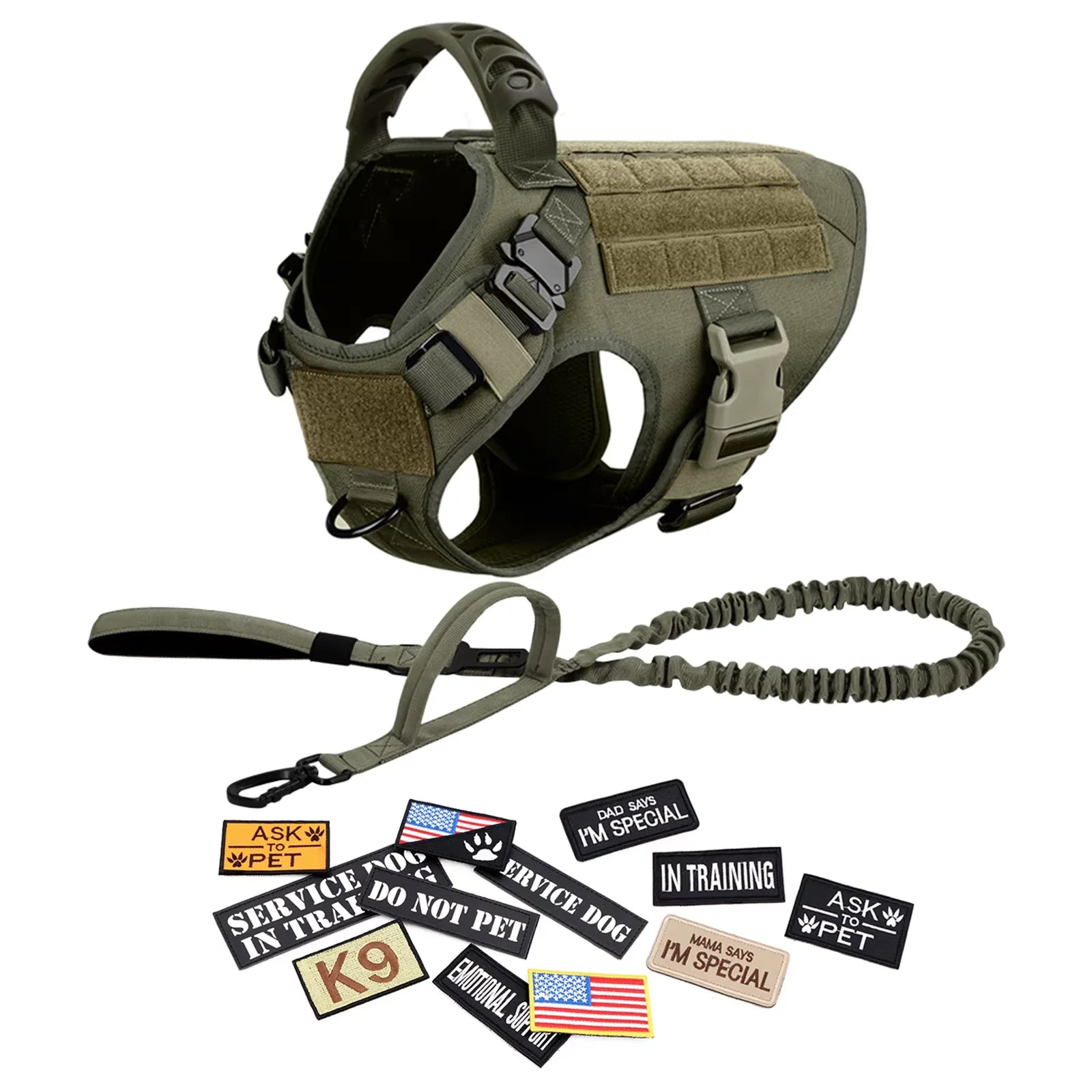 Large M Tactical Military-Like Dog Harness, Collar, Leash, Bags, Patches Set