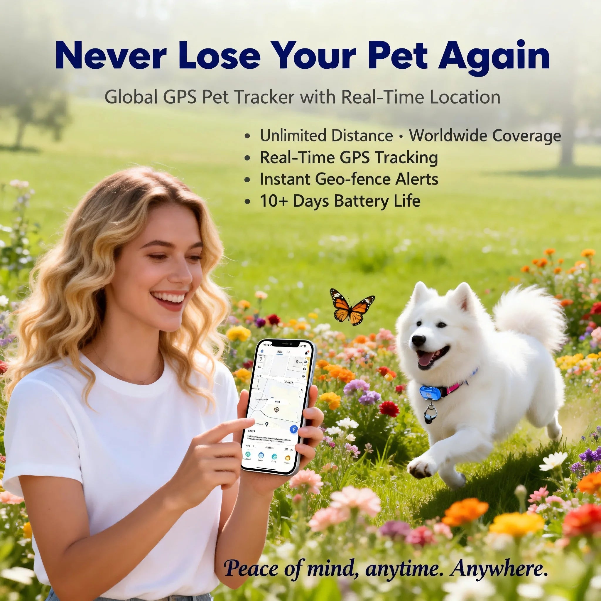 GPS Pet Tracker for Dogs, Cats. Real Time Tracking