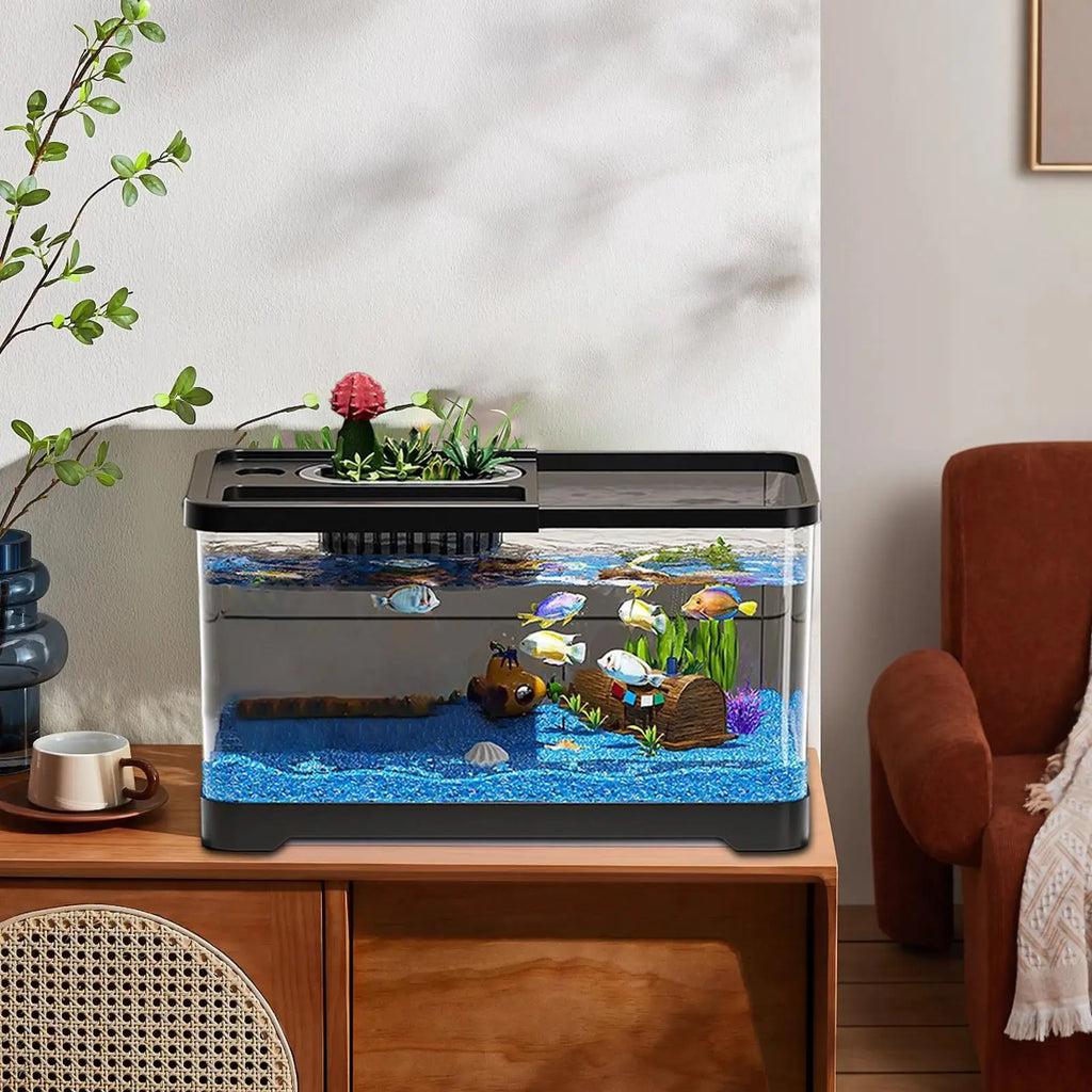 Small Aquarium Kit LED Fish Tank With Decoration Accessories Dust-proof Underwater Landscape Decoration for Desktop Living