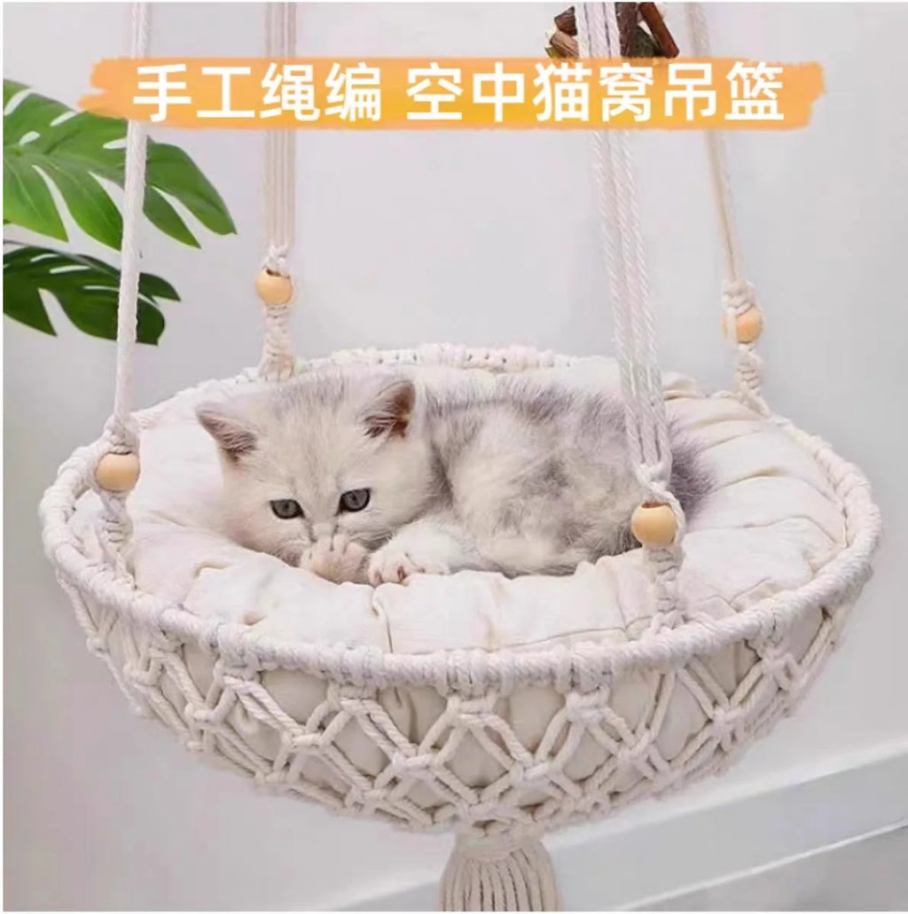 Hanging Hand‑woven Hammock Swing Cat Bed Boho  Pet Swing Nest Tassel Cat Sleeping Bed for Indoor Wall Ceiling Mount