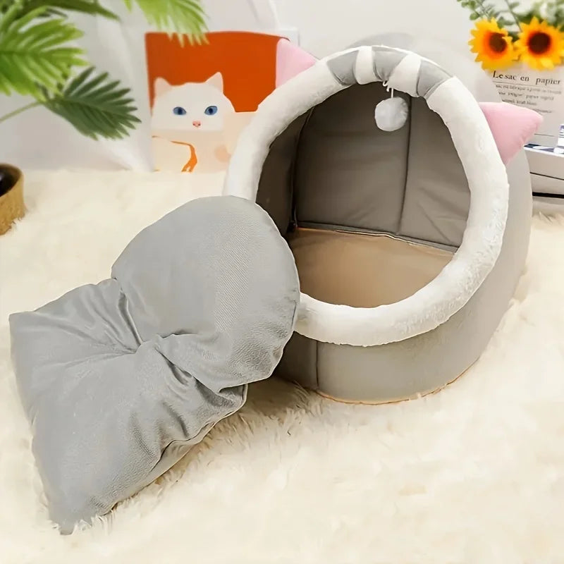 1 Comfortable Cartoon Cat House and Bed  with Removable Pad, Pompom