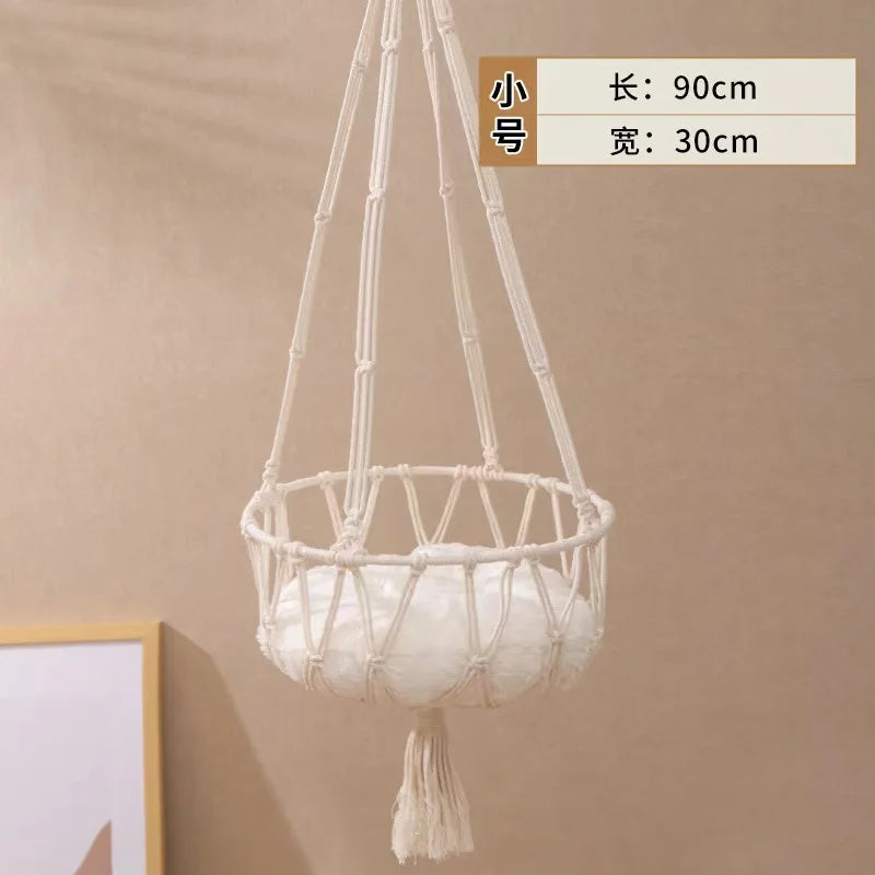 Hanging Hand‑woven Hammock Swing Cat Bed Boho  Pet Swing Nest Tassel Cat Sleeping Bed for Indoor Wall Ceiling Mount