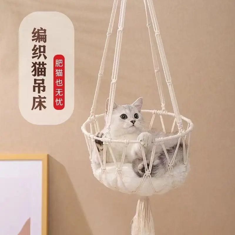 Hanging Hand‑woven Hammock Swing Cat Bed Boho  Pet Swing Nest Tassel Cat Sleeping Bed for Indoor Wall Ceiling Mount