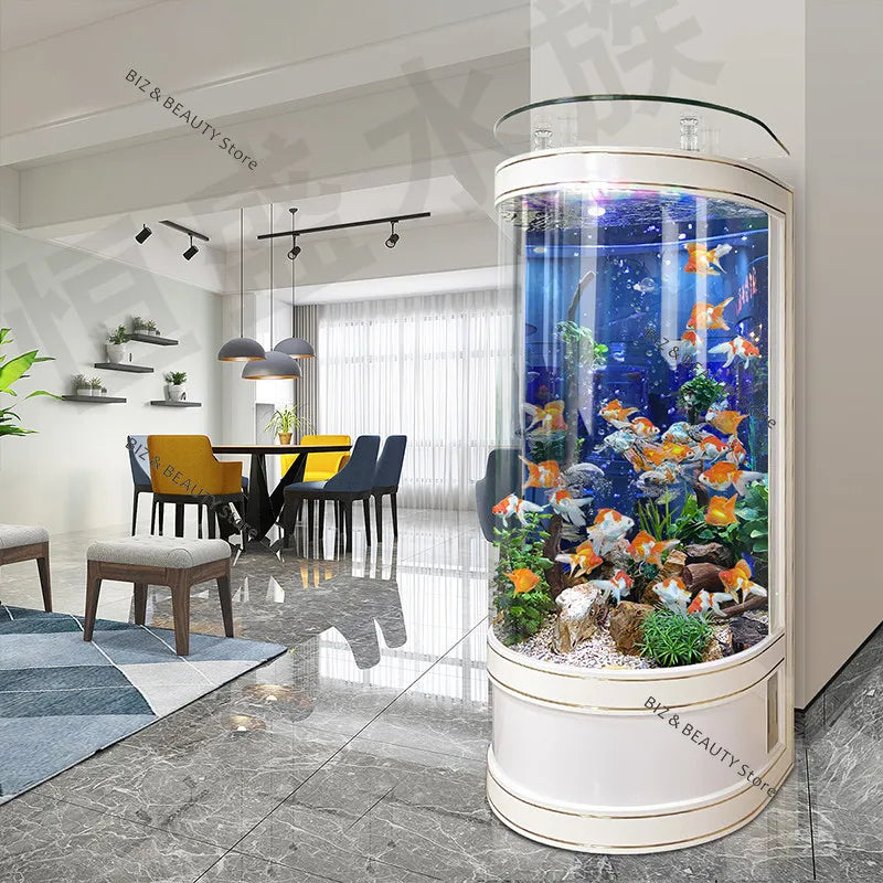 Large Semi-Circular Self-Cleaning Floor-Standing Fish Tank with Bottom Filter