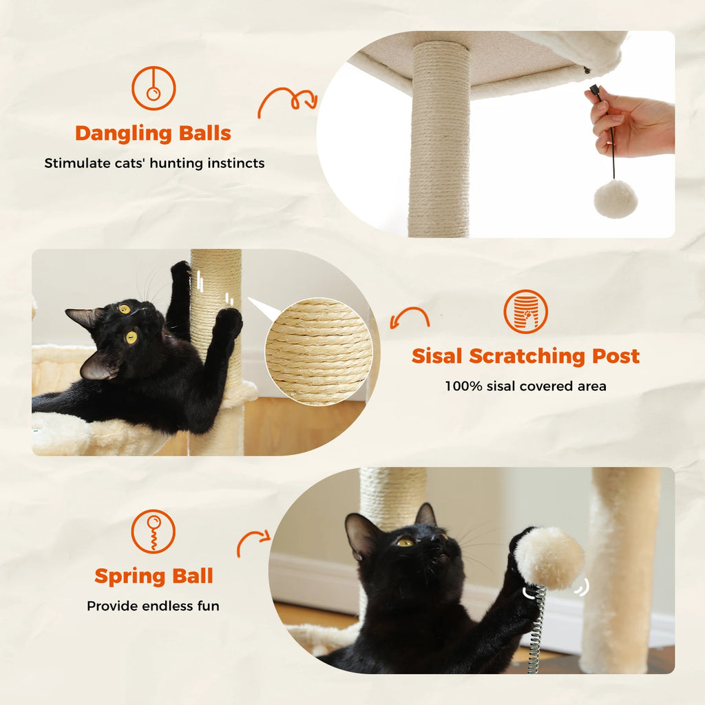 Multi-Level Wood Cat Tower with Hammock, Sisal Scratching Posts
