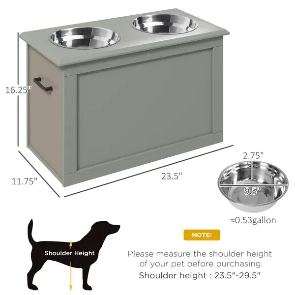 Raised Dog Feeding Station with 2 StainlSteel Bowls and Storage for Large Dogs and Other Large Pets Gray