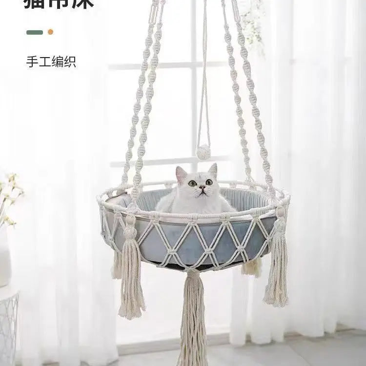 Hanging Hand‑woven Hammock Swing Cat Bed Boho  Pet Swing Nest Tassel Cat Sleeping Bed for Indoor Wall Ceiling Mount