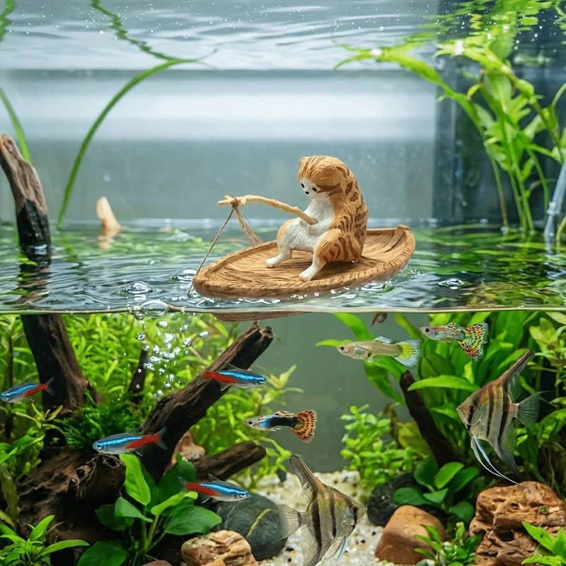 High Quality Resin Cat Fishing Boat Aquarium Ornament