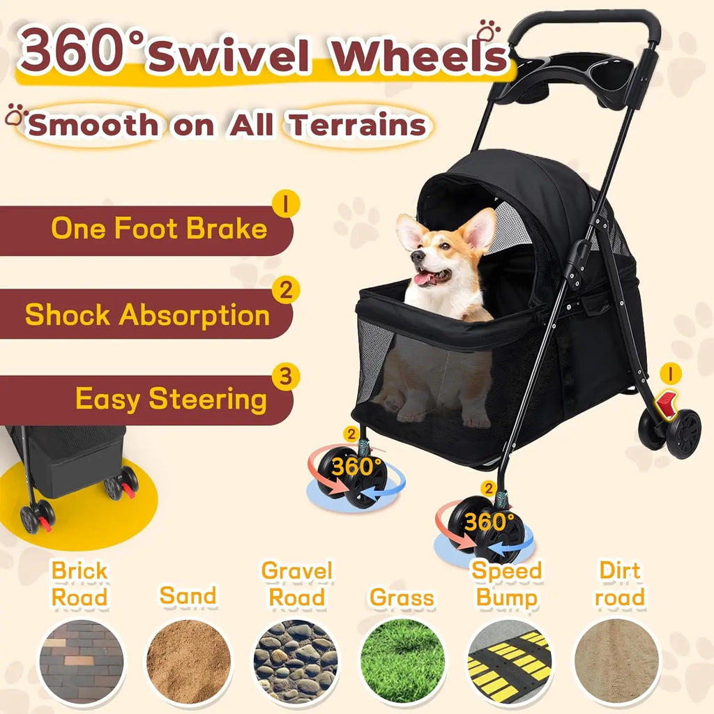 Foldable Pet Stroller Cat Small Dog Cart, Lightweight Folding Pet Stroller
