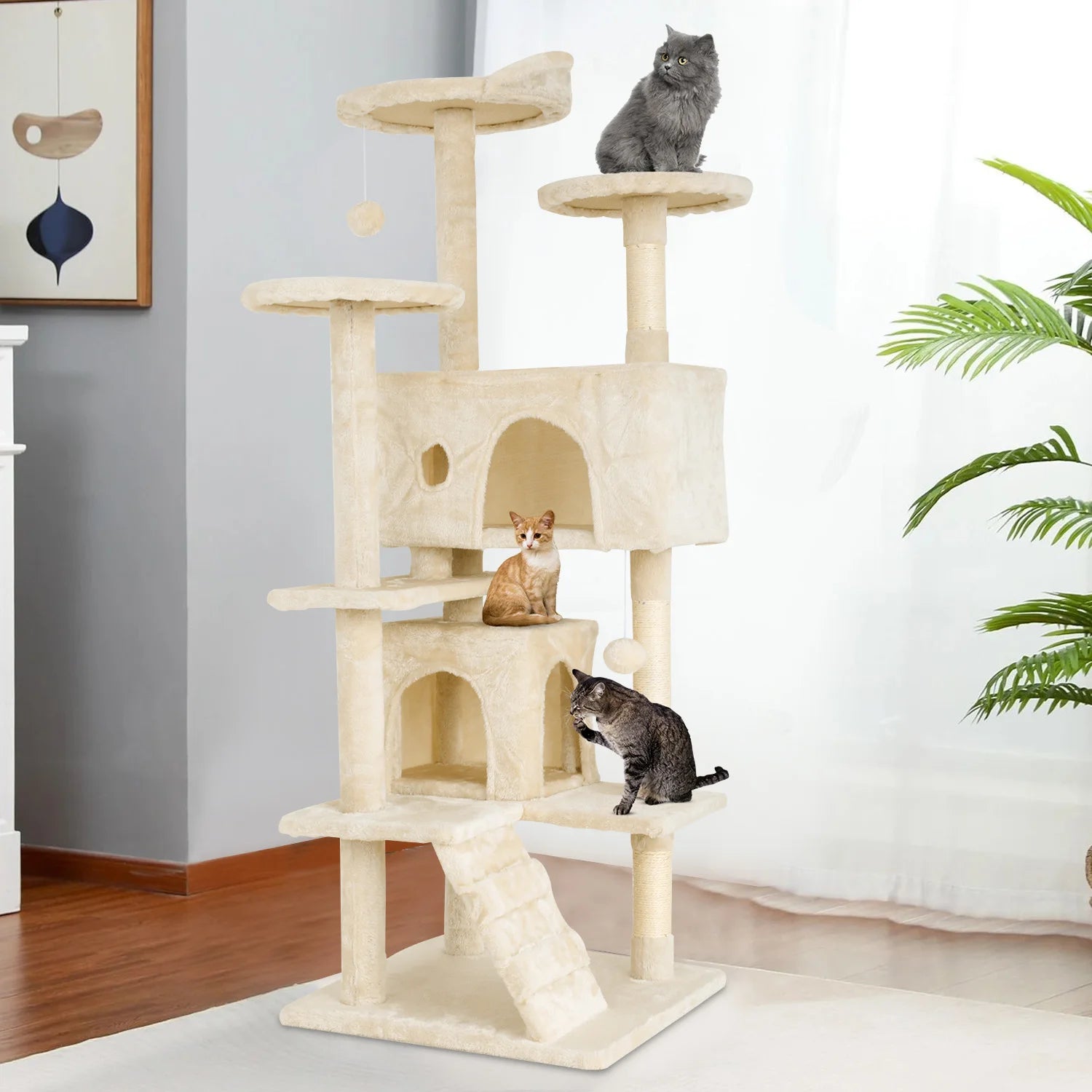 Cat Tree 54/70 Inch Tower with Sisal-Covered Scratching Posts, Dangling Ball