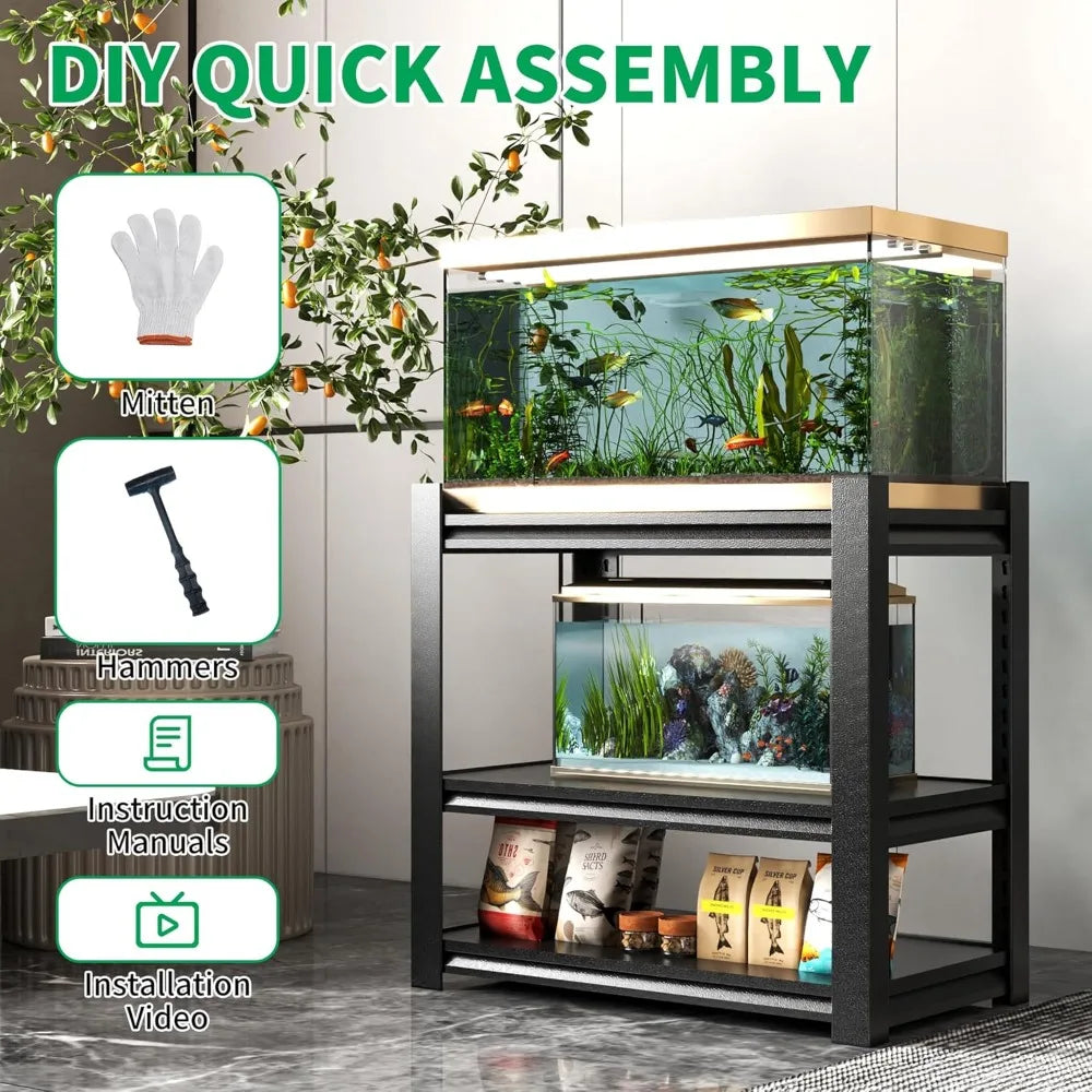 Tank Stand, 3-tier Rack Shelf Heavy Duty Metal Frame can hold 20 and 30 gallon Aquariums/Terrariums
