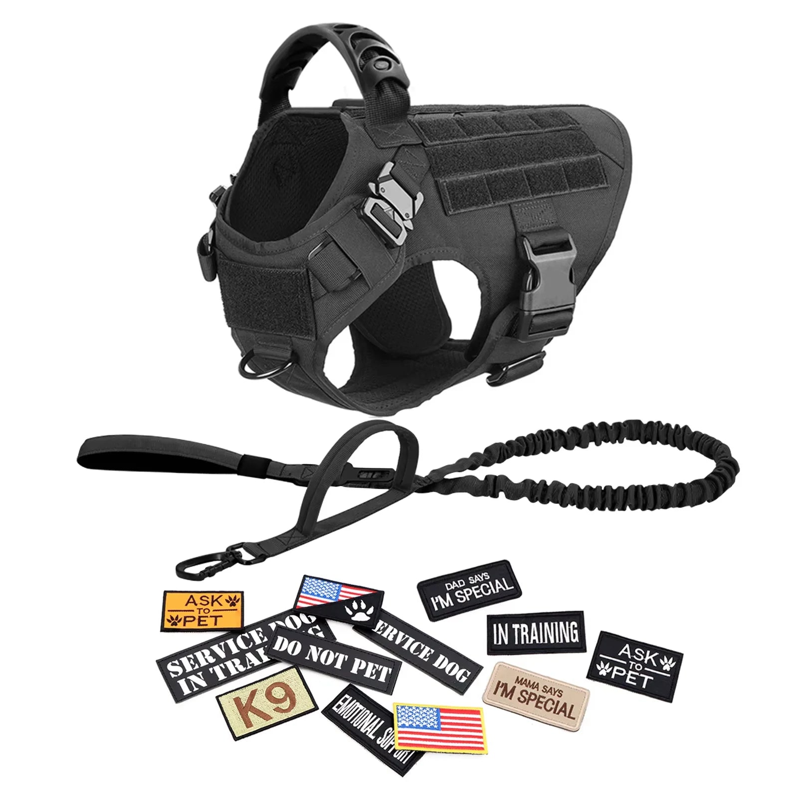 Large M Tactical Military-Like Dog Harness, Collar, Leash, Bags, Patches Set