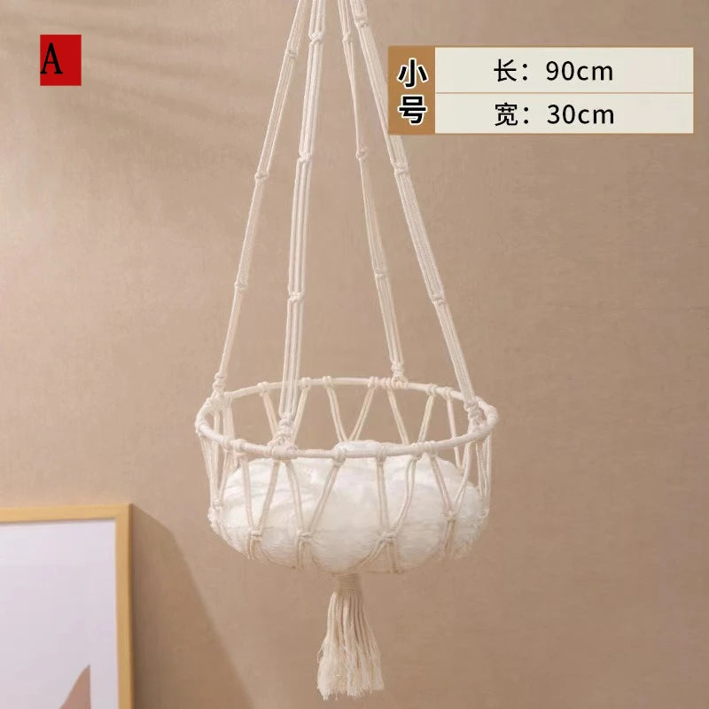 Hanging Hand‑woven Hammock Swing Cat Bed Boho  Pet Swing Nest Tassel Cat Sleeping Bed for Indoor Wall Ceiling Mount